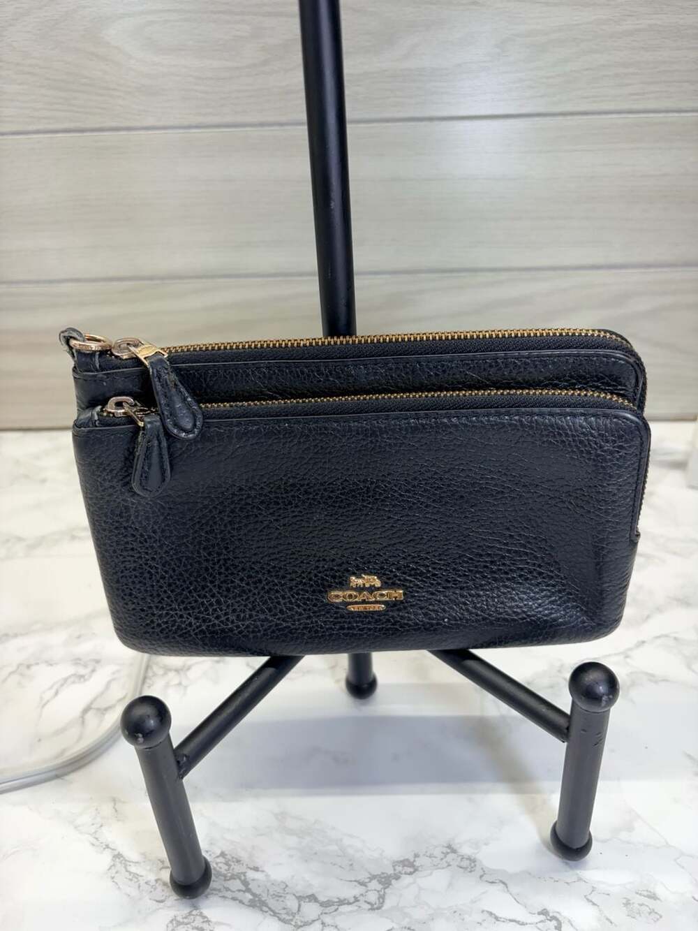 Coach Double Zip Wallet Wristlet Black Leather